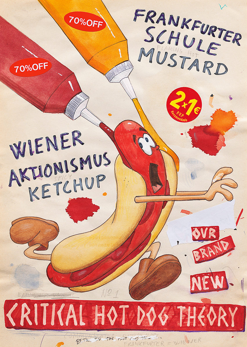Riiko Sakkinen | A4 Drawings | Critical Hot Dog Theory (Frankfurter Schule & Wiener Aktionismus)