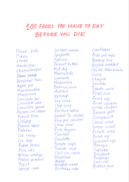 Riiko Sakkinen | A4 Drawings | 100 Foods You Have to Eat Before You Die