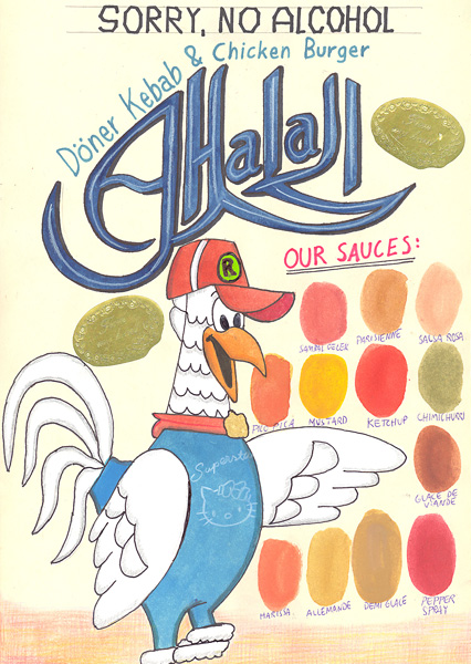 Riiko Sakkinen | A4 Drawings | Halal Hello Kitty Chicken Burger