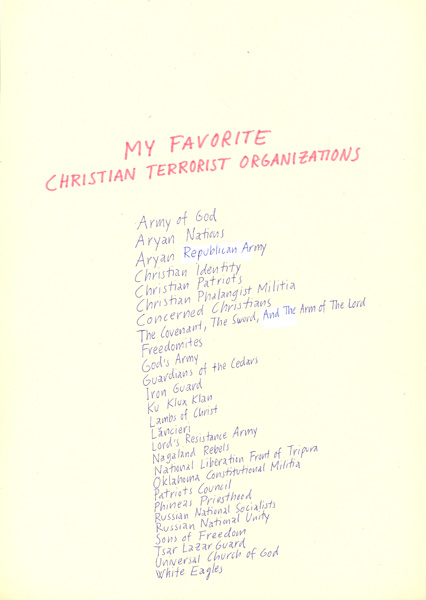 Riiko Sakkinen | A4 Drawings | My Favorite Christian Terrorist Organizations
