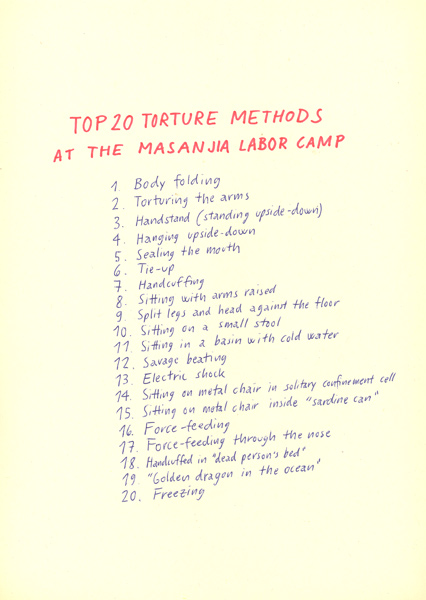 Riiko Sakkinen | A4 Drawings | To 20 Torture Methods at the Masanjia Labor Camp